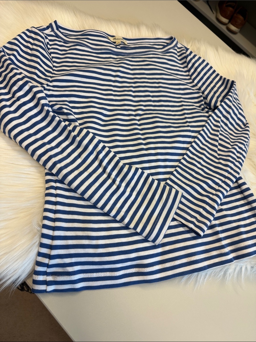Madewell Cobalt & White Striped Long Sleeve Boatneck Top